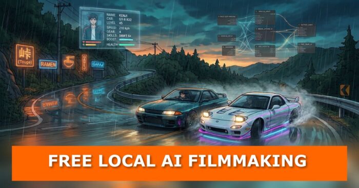 Anime-style night scene of two cars drifting on a rainy mountain road, with a character card and ComfyUI node graph above, titled Free Local AI Filmmaking
