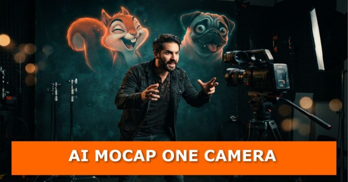 An actor gestures dramatically in front of a single video camera in a dark studio, while glowing cartoon squirrel and pug faces float on the wall behind him, with the banner text "AI MOCAP ONE CAMERA".