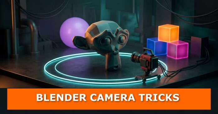 A Blender Suzanne monkey head on a dark stage with a glowing cyan orbit ring, a vintage camera on a dolly, a purple sphere and colorful cubes, with the text “Blender Camera Tricks”