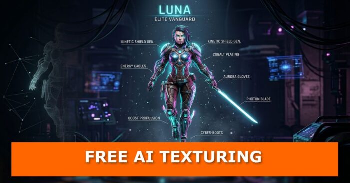 Sci-fi character sheet of Luna, Elite Vanguard, a cyber-armored heroine holding a glowing blade, with labeled parts and a wireframe mesh beside her, under the banner Free AI Texturing