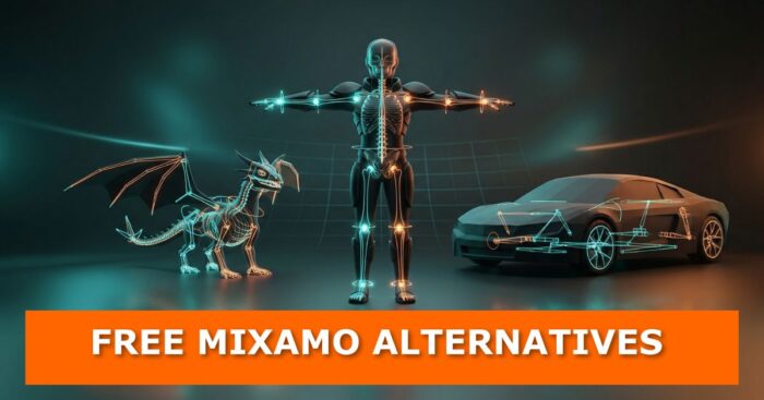 A T-posed 3D character with glowing skeleton joints stands between a rigged dragon and a low-poly sports car, under the banner “Free Mixamo Alternatives”