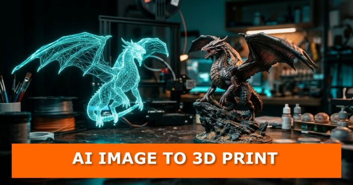 A glowing teal wireframe hologram of a dragon next to a painted 3D-printed dragon miniature on a workshop desk, with the text “AI Image to 3D Print.”